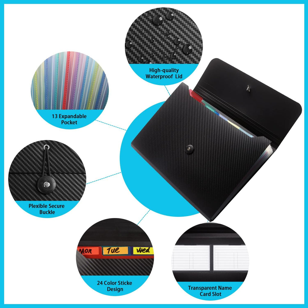 Expanding File Folder File Organizer 13 Pockets File Organizer Accordion Filing Folder Expandable File Folder for Documents Aesthetic Paper Organizer Folder for Work, School, Home, Office, 2Black