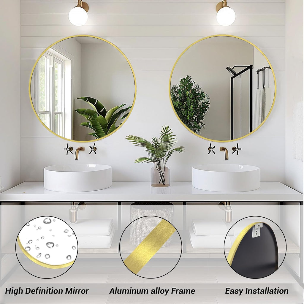 Sunniry Gold Round Mirror, 24 inch Circle Mirror, Brushed Gold Metal Frame