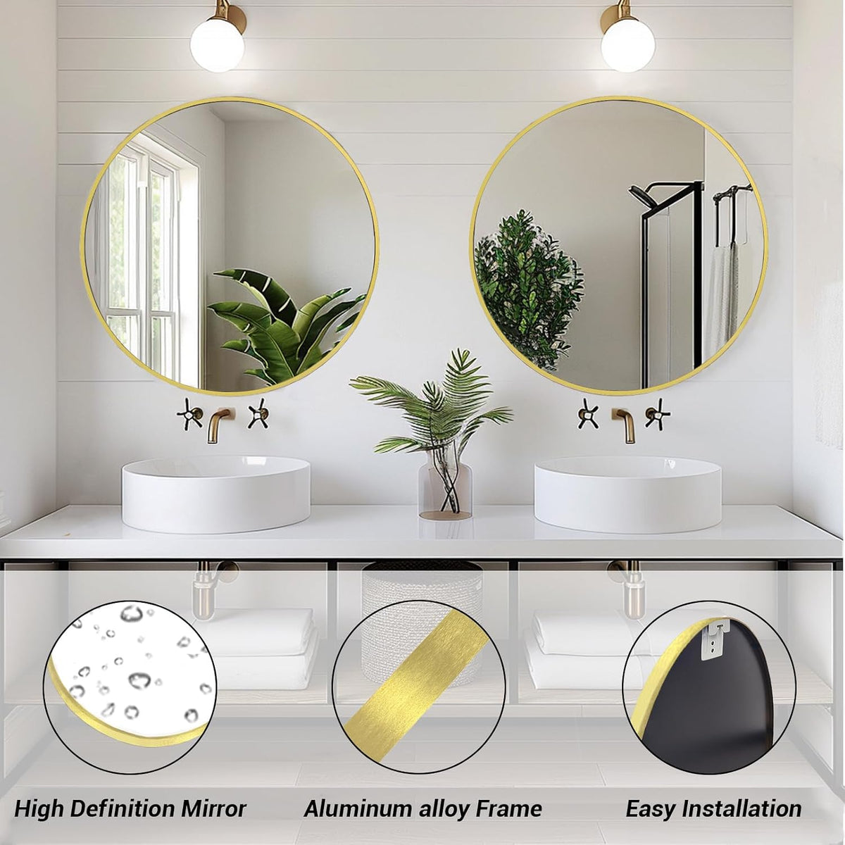 Sunniry Gold Round Mirror, 24 inch Circle Mirror, Brushed Gold Metal Frame