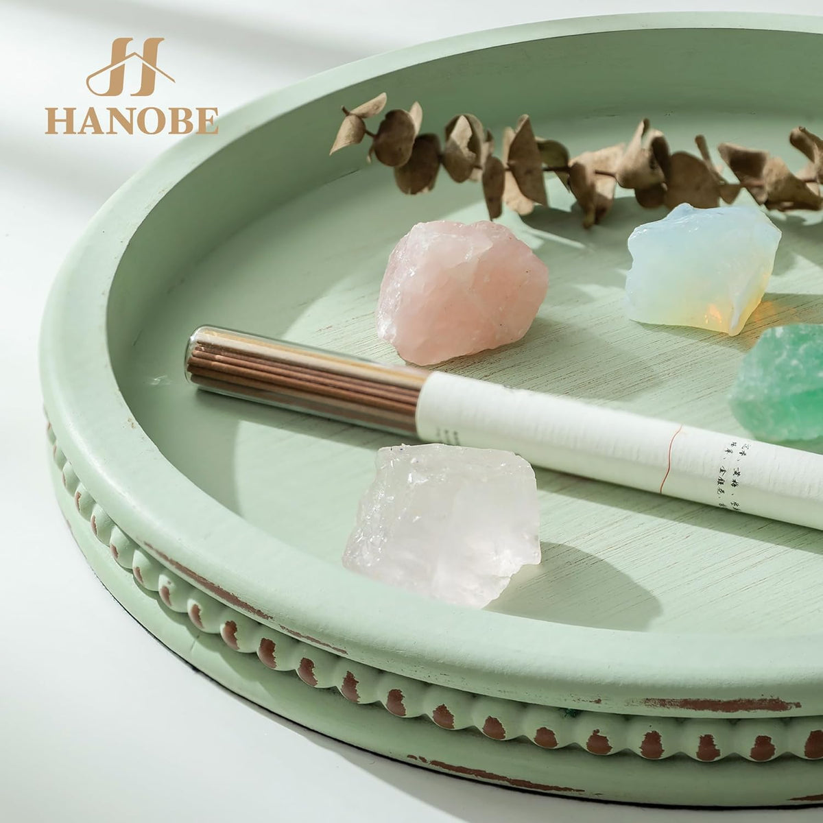 Hanobe Sage Green Decor Tray, Beaded Edge & Distressed Finish