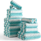12 Pcs Aqua White Diamond Towel Set-4 Bath Towels,4 Hand Towels,4 Washcloths Soft Polyester Towels with Loop Absorbent Shower Towel Quick Dry Beach Chair Towel Family Towels for Bathroom Spa Gym Pool