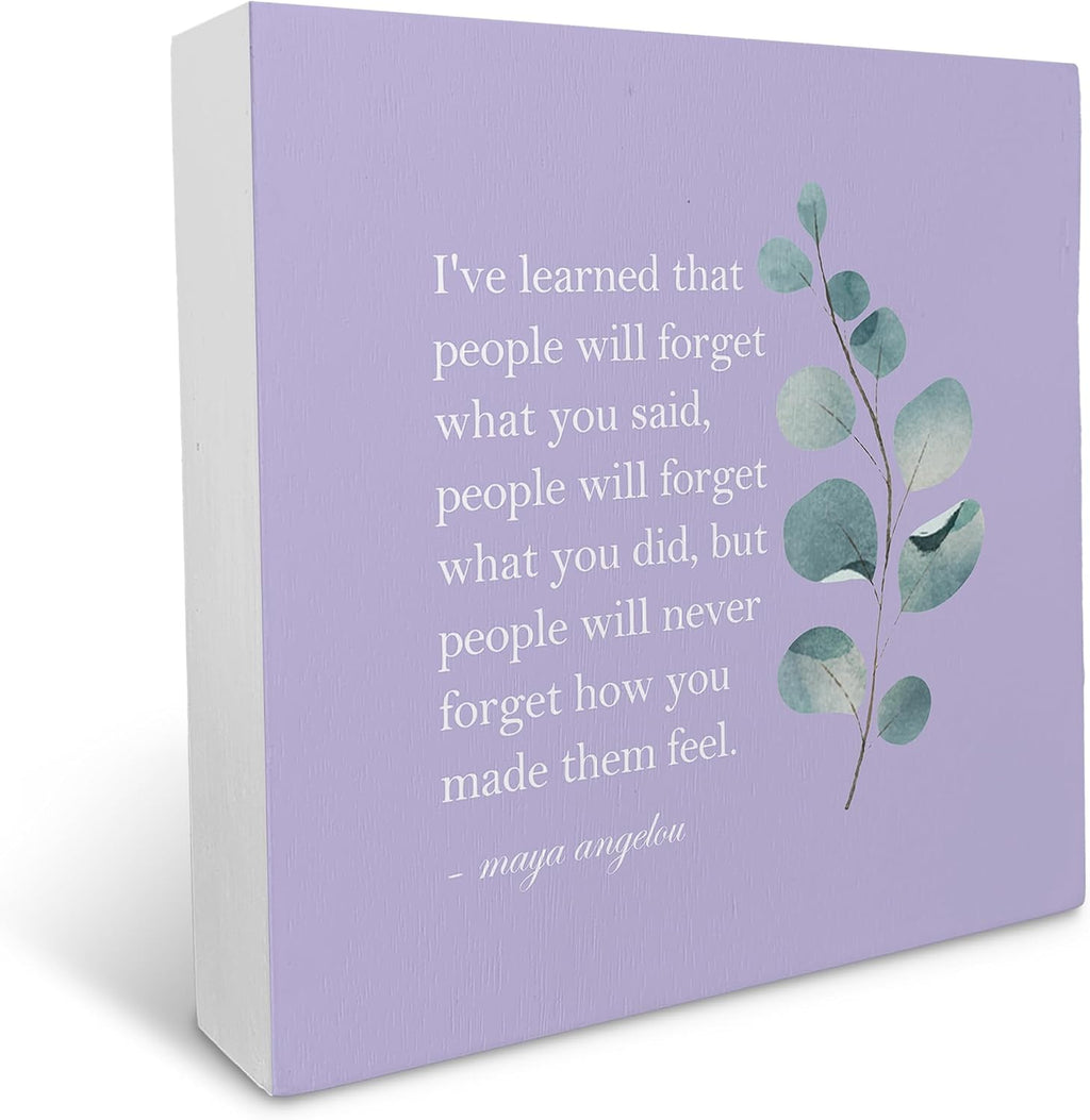 KU-DaYi Sage Green Maya Angelou Quotes Wood Box Sign, Inspirational I've Learned That People Will Forget What You Said Farmhouse Wood Block Plaque Decor for Office Home Wall Desk Shelf Decoration