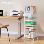9-Tier Rolling File Cart - Paper Organizer with Drawer and Trays, Wood Desk Office Organizer, Office Organization and Binder Storage for Workspace, Home, School, White