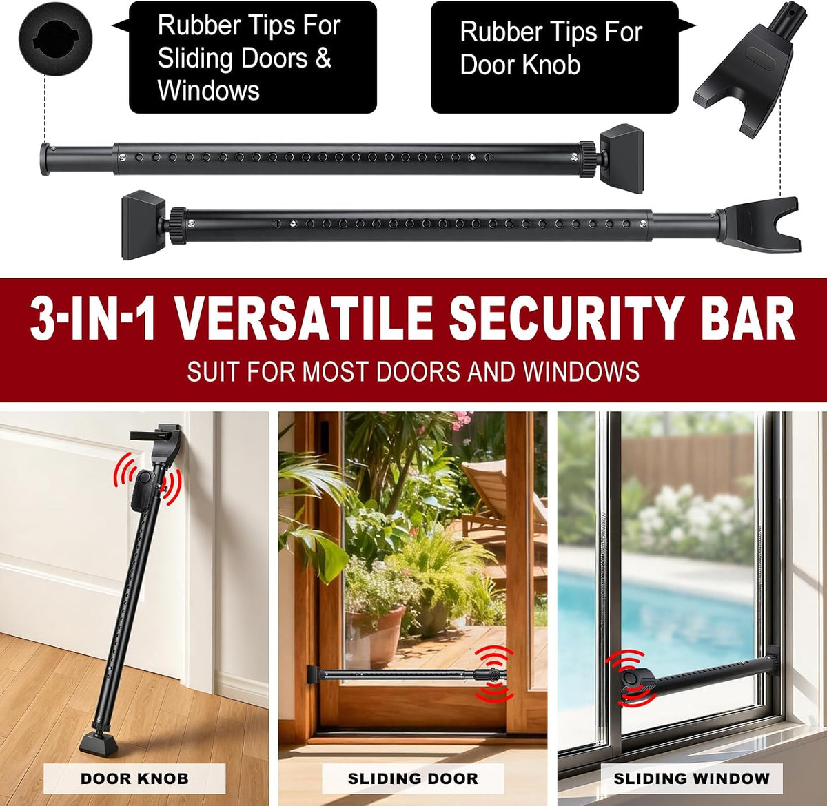 Door Security Bar, Heavy Duty Sliding Patio Bar with 120DB Alarm