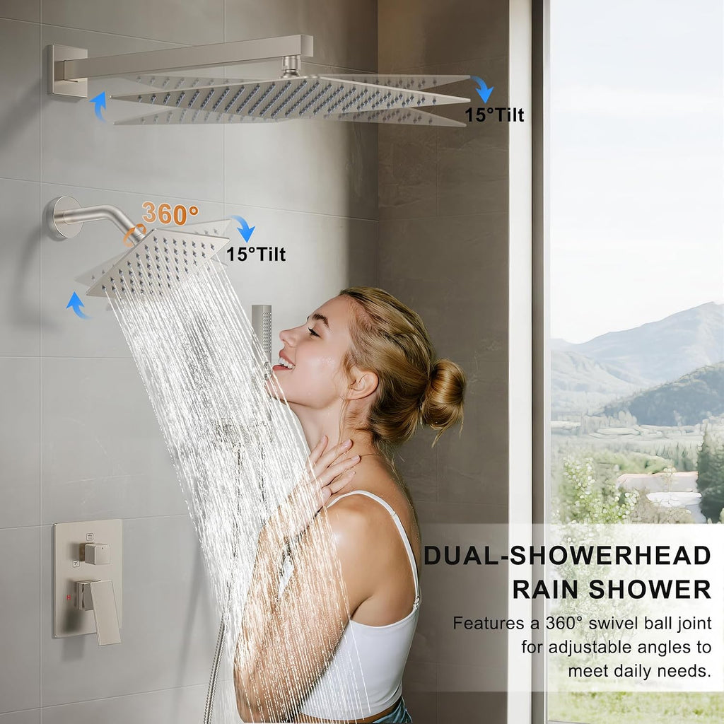 Rain Shower System 12"&6" Shower Heads Wall Mount Shower Faucet Set
