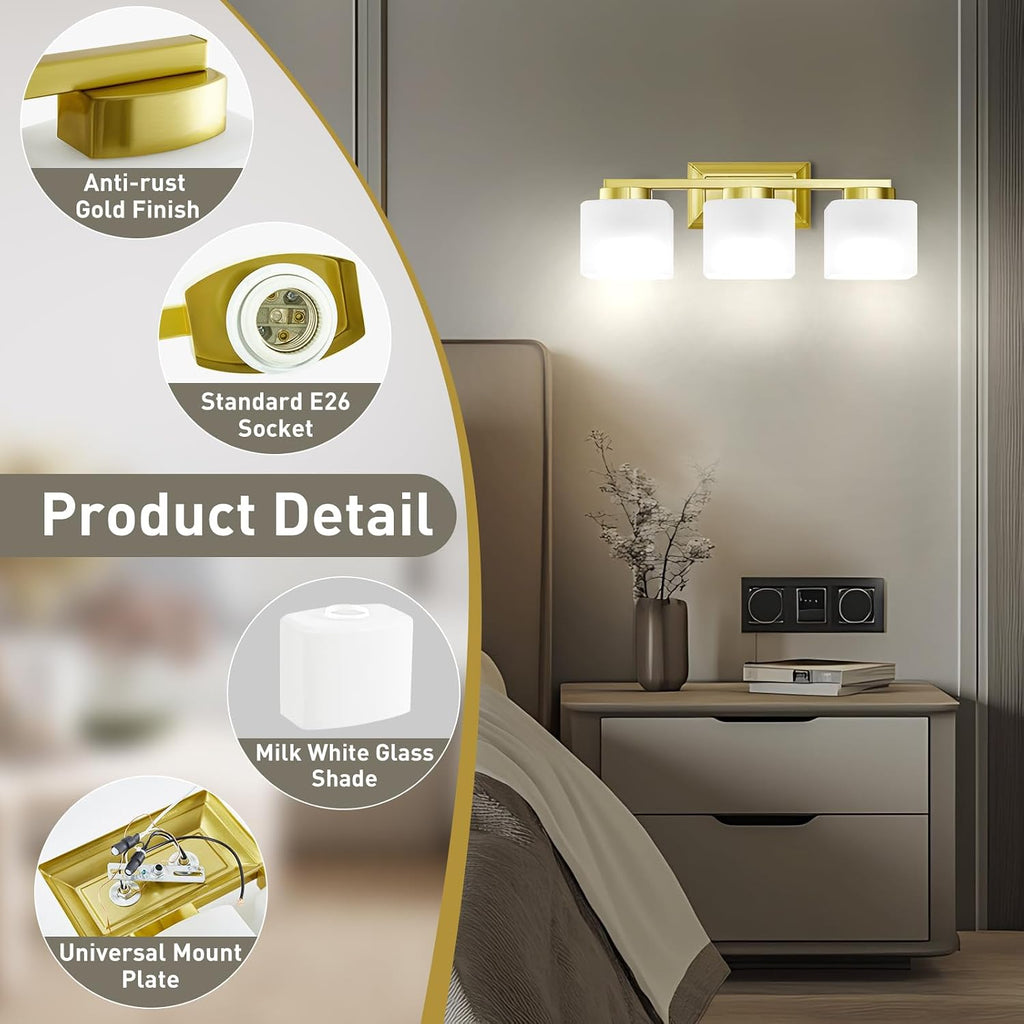 EJIAXIN 3-Light Bathroom Light Fixtures - Gold Bathroom Vanity Lights with Glass Shade Modern Bathroom Lighting Fixtures Over Mirror - Wall Sconce Lamps for Bedroom,Living Room,Hallway