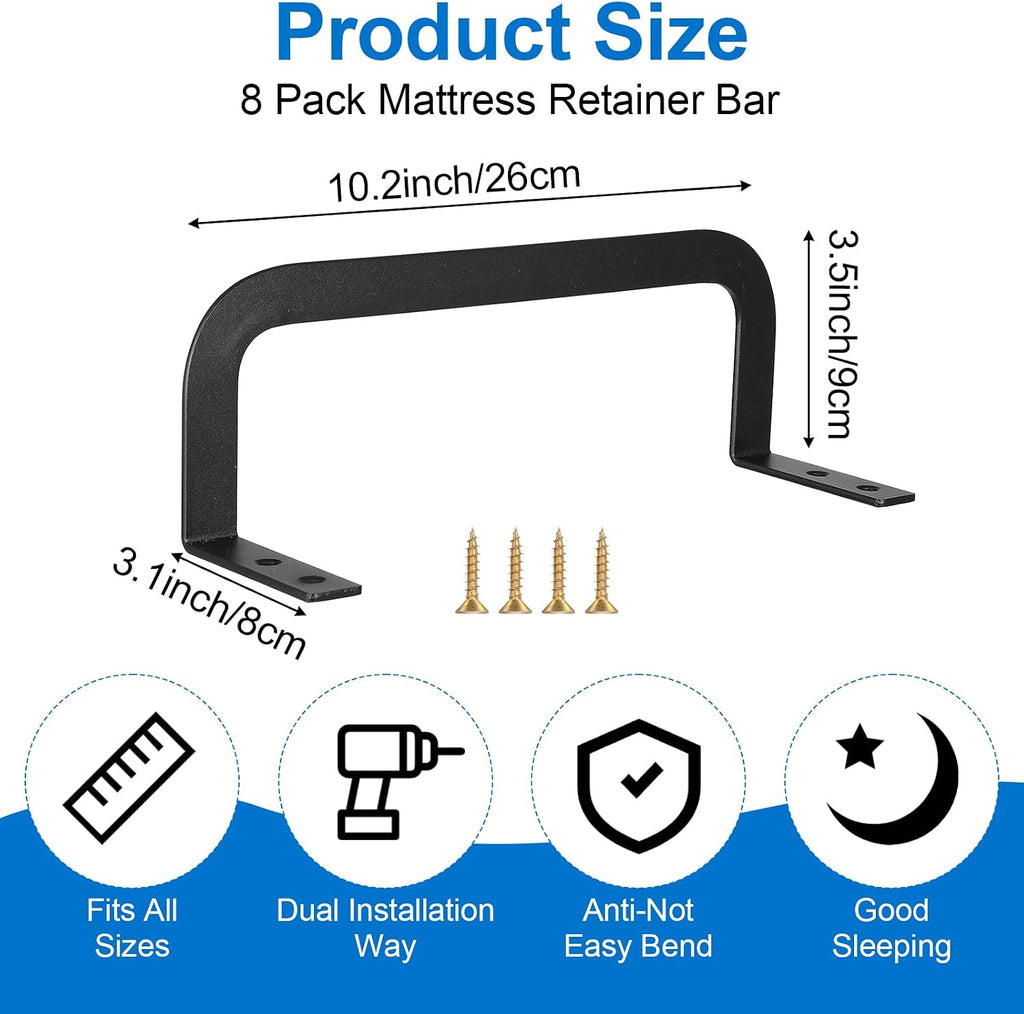 8 Pack Mattress Retainer Bar – Heavy-Duty Anti-Slip Mattress Gripper for Wooden/Adjustable/RV Beds | Black Iron Stabilizers with 32 Screws (10.2” x 3.1” x 3.5”)