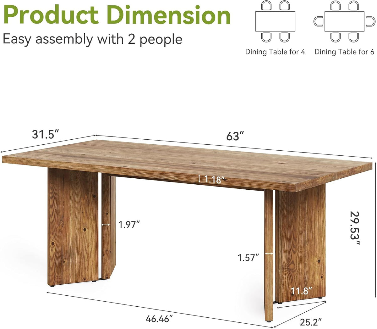 Little Tree Solid Wood Dining Table for 4-6, 63-Inch Farmhouse Kitchen Table, Wood Rectangular Dinner Tables for Kitchen & Dining Room, mesas de comedor