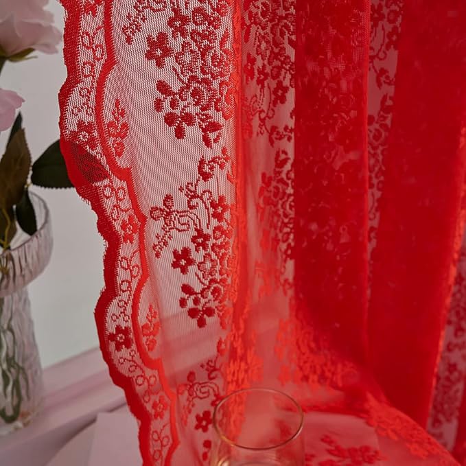 YJ YANJUN Vintage Lace Curtains 45 Inch Length Victorian Floral Pattern Red - Image 3