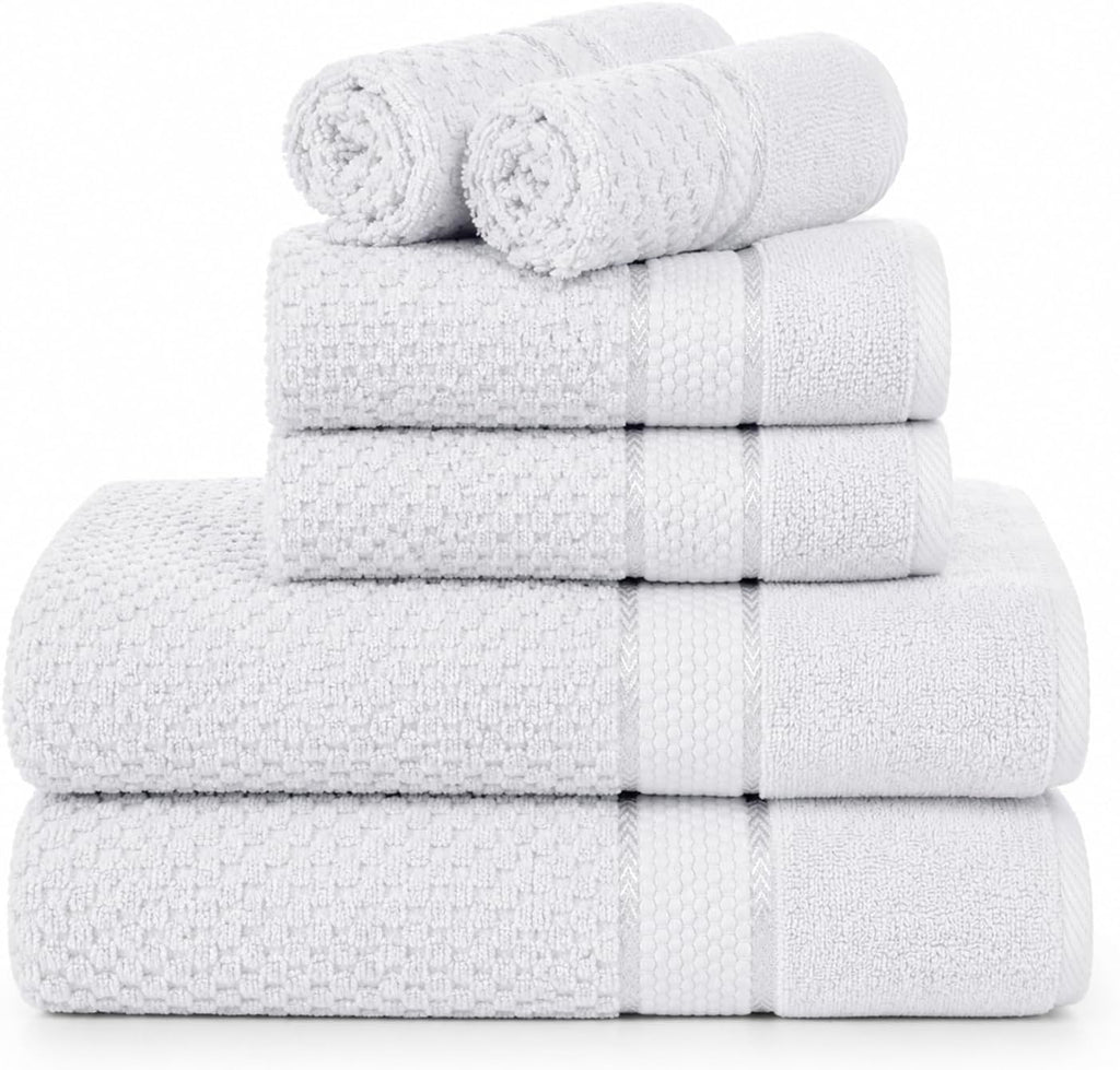 100% Cotton Towel Set 6 Piece, Soft & Absorbent, Quick Dry, Bathroom Towels Set (2 Bath Towels, 2 Hand Towels, 2 Washcloths), White