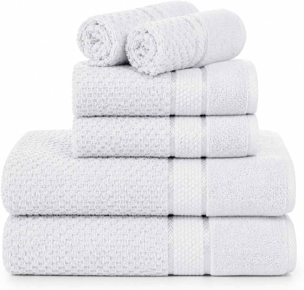 100% Cotton Towel Set 6 Piece, Soft & Absorbent, Quick Dry, Bathroom Towels Set (2 Bath Towels, 2 Hand Towels, 2 Washcloths), White
