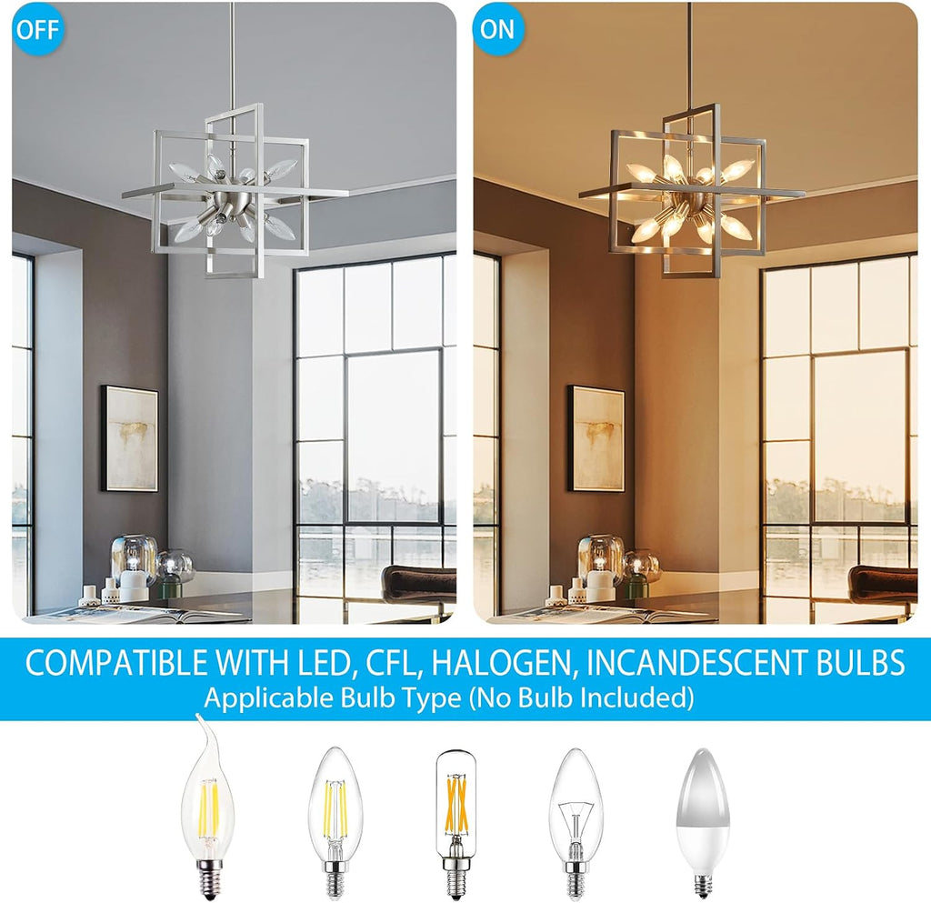 XINGQI 15“ Modern Chandelier 8-Light Brushed Nickel Geometric Pendant Lighting Farmhouse Ceiling Light Fixtures for Dining Room Living Room Kitchen Island Bedroom Hallway