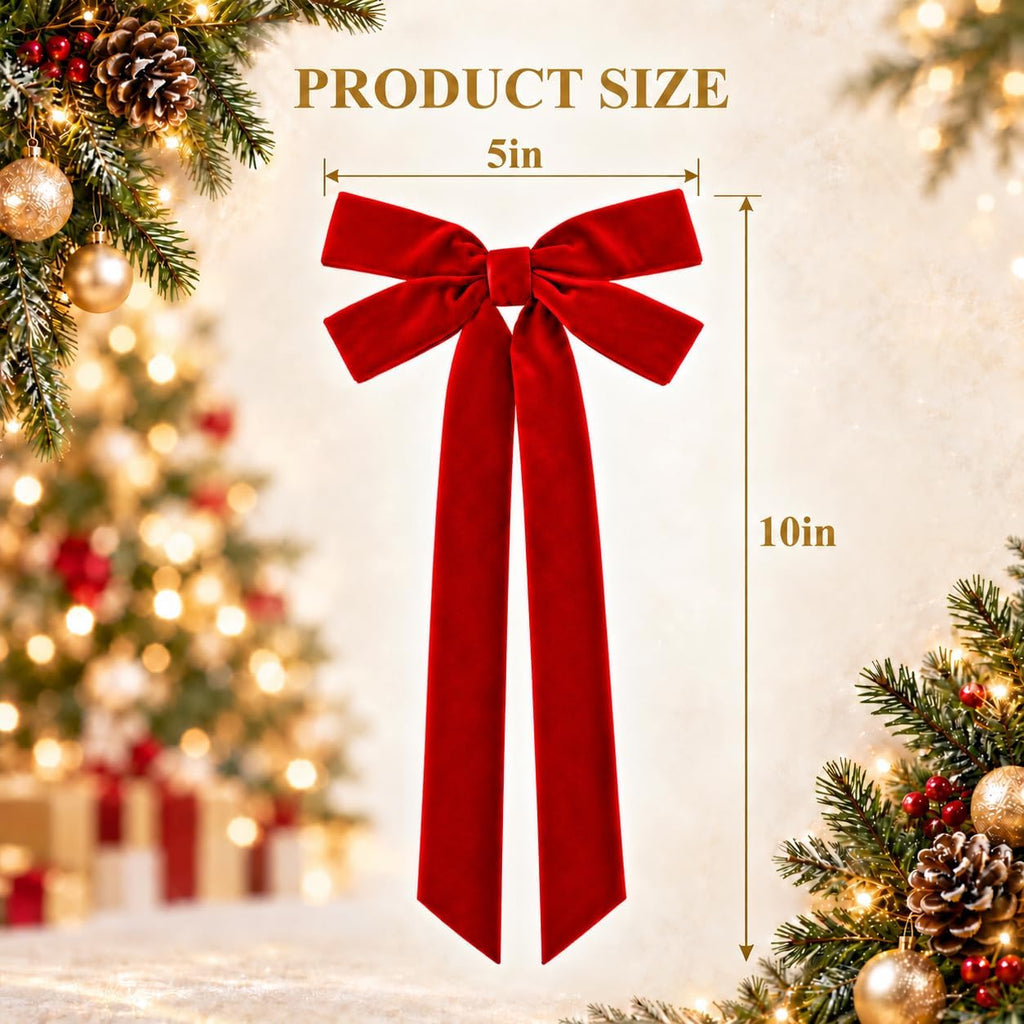 12 Pcs Red Velvet Bows for Christmas Tree, 5x10 Vintage Christmas Ribbons
