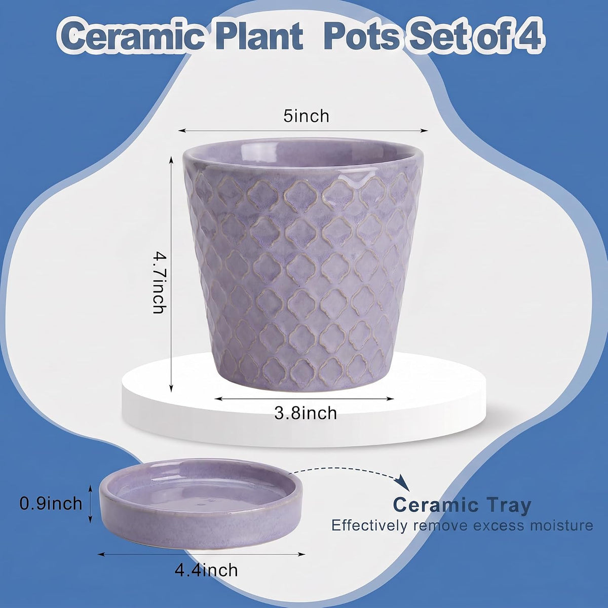 Ceramic Plant Pots, 5 Inch Planters with Drainage Holes and Ceramic Tray, Relief Design Flower Planter, Desktop Office Windowsill Decoration Gift Set of 4 - Lavender