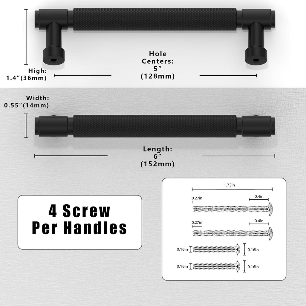 2 Pack Matte Black Knurled Cabinet Pulls 5 Inch(128mm) Kitchen Cabinet Handles Cabinet Hardware Drawer Pulls