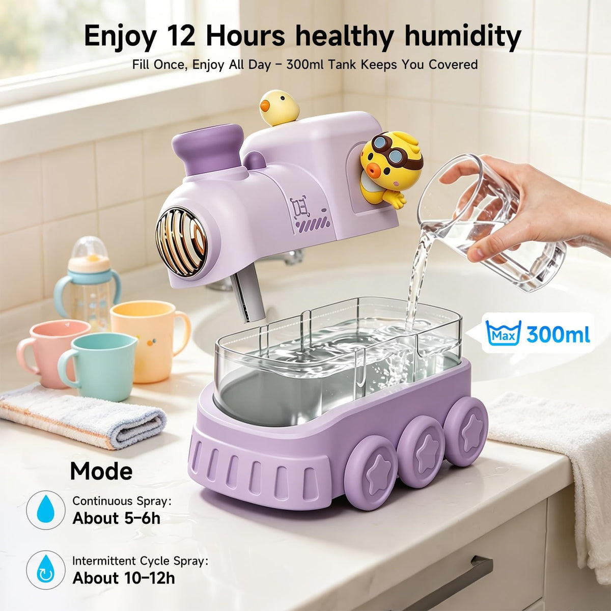 JOSTART Cute Train Humidifier, 300ml Portable USB Desktop, (Soft Purple)