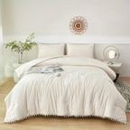 PERFEMET Girls Comforter Set Twin Size Beige Cream Pom Pom Bedding 5 Pieces