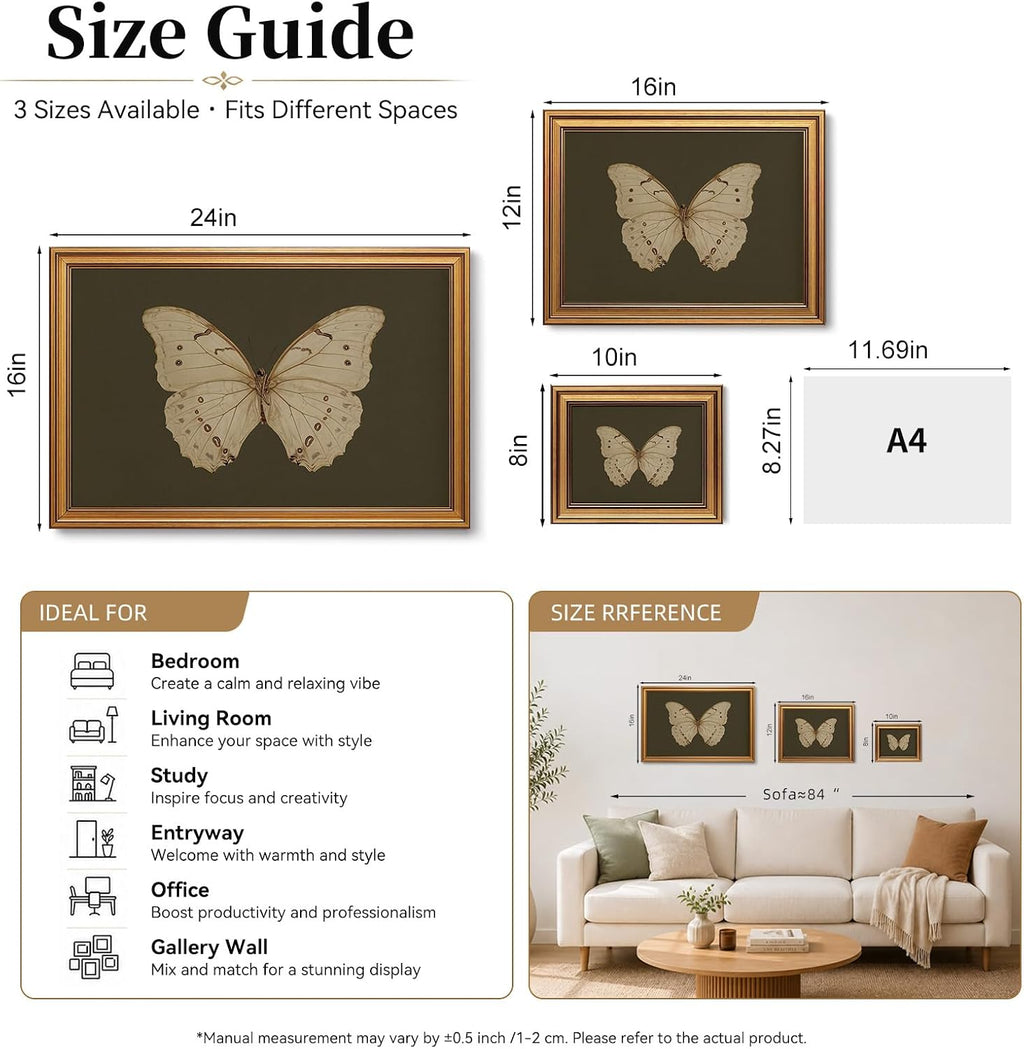 Vintage Butterfly Wall Art Gold Framed Canvas Print 8x10 inch