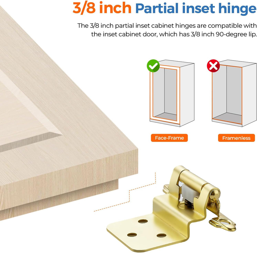 60 Pack 30 Pairs Gold Self-Close Cabinet Hinges, 3/8 Inch Inset
