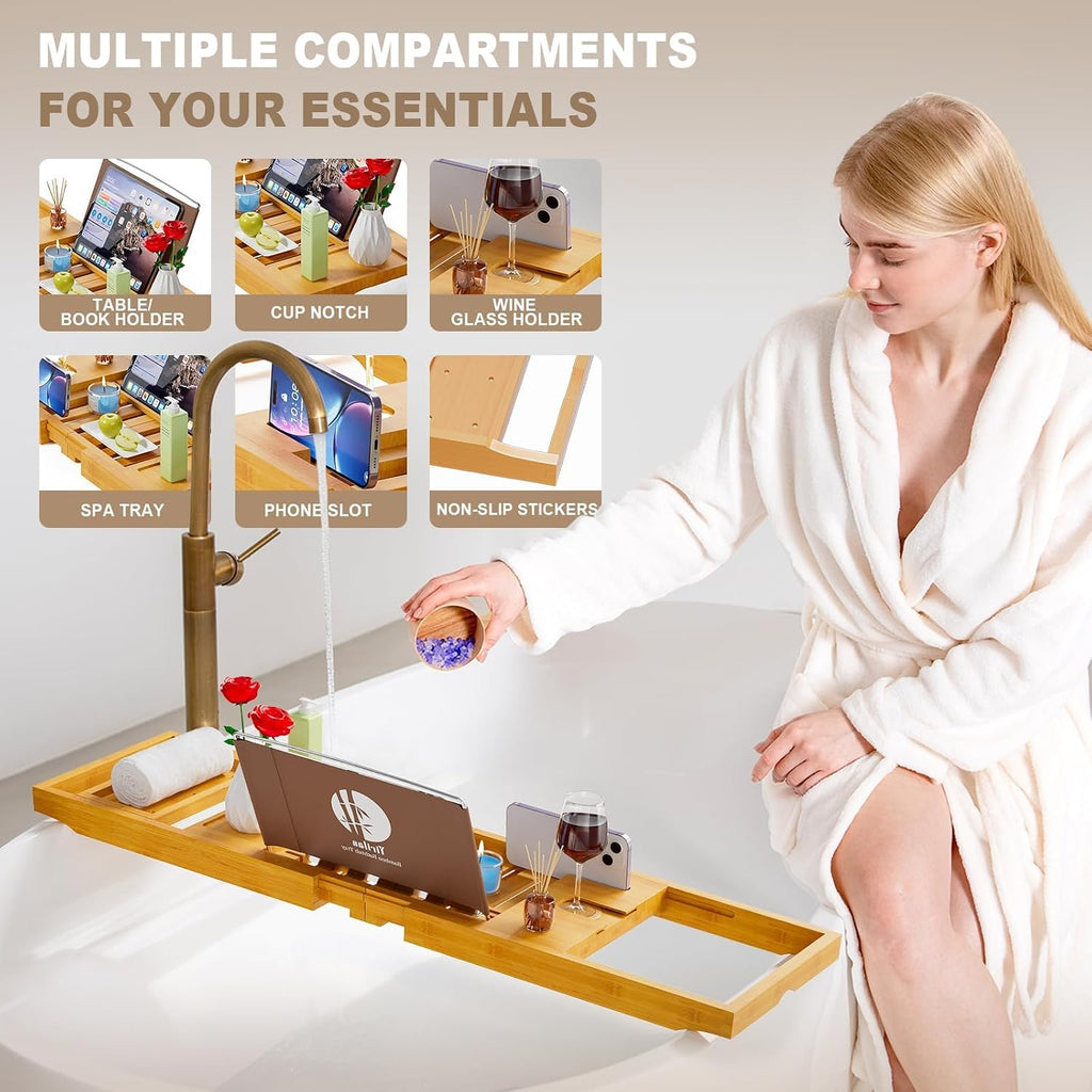 Premium Bathtub Tray Caddy, Expandable Bath Tray, Unique House Warming Gifts,Bamboo-New