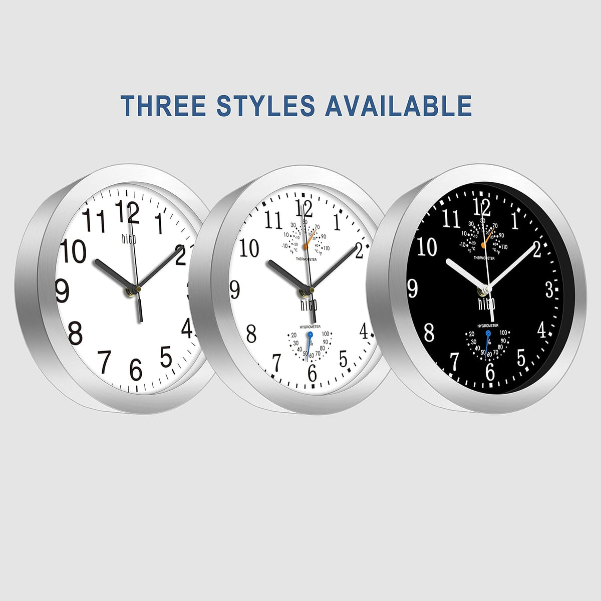 HITO 10 Inch Silent Wall Clock Battery Operated Non Ticking Glass Cover Silver Aluminum Frame, for Kitchen, Bedroom, Home Office, Living Room Decor (Black)