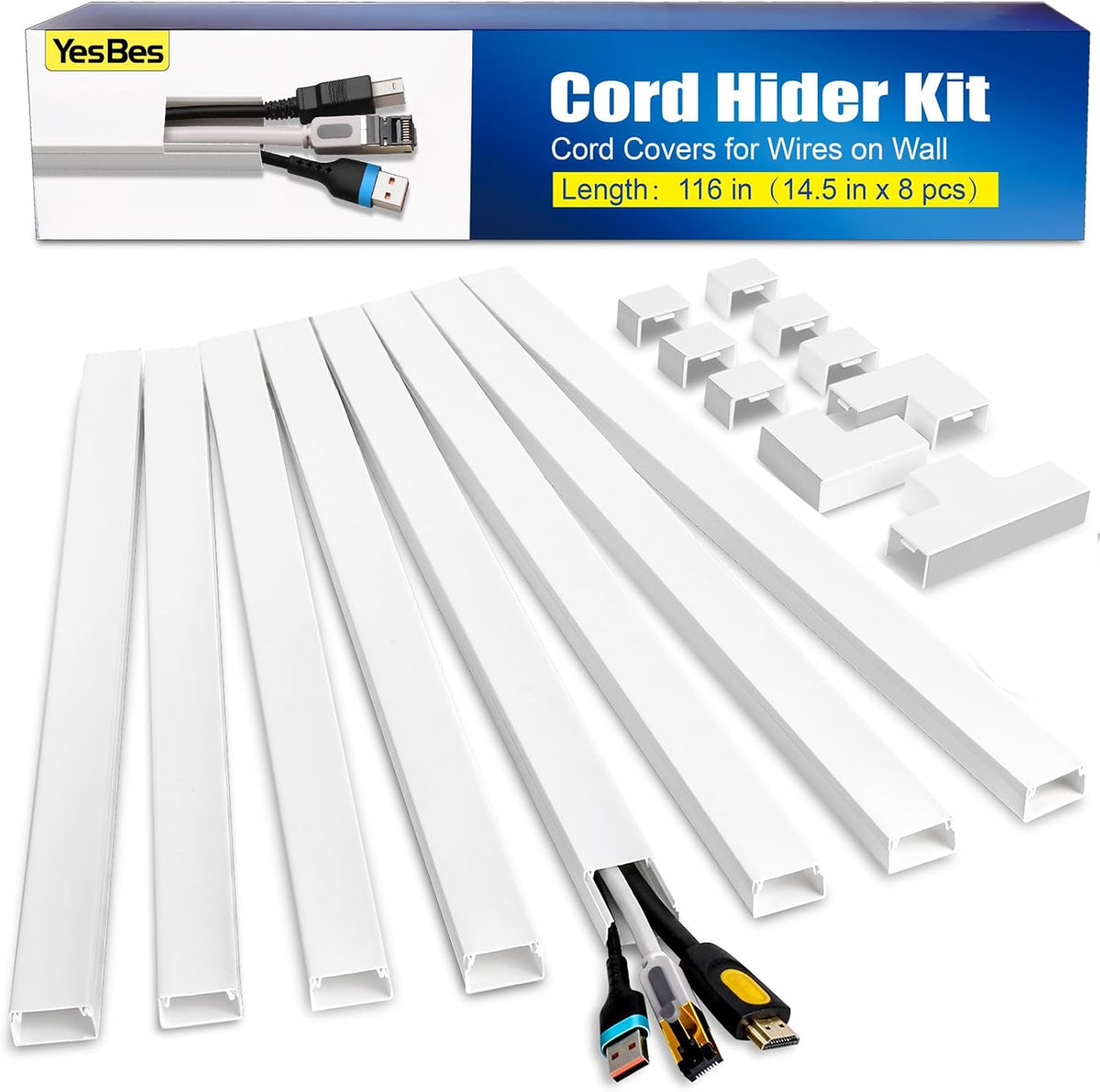 315in Cord Hider Kit, Paintable Cable Raceway, Cord Covers for Wires on Wall, Cord Hider for Wall Mount tv, tv Cable Hider Wall kit, Wire Covers for Cords, 20X L15.7in X W0.96in X H0.57in, White
