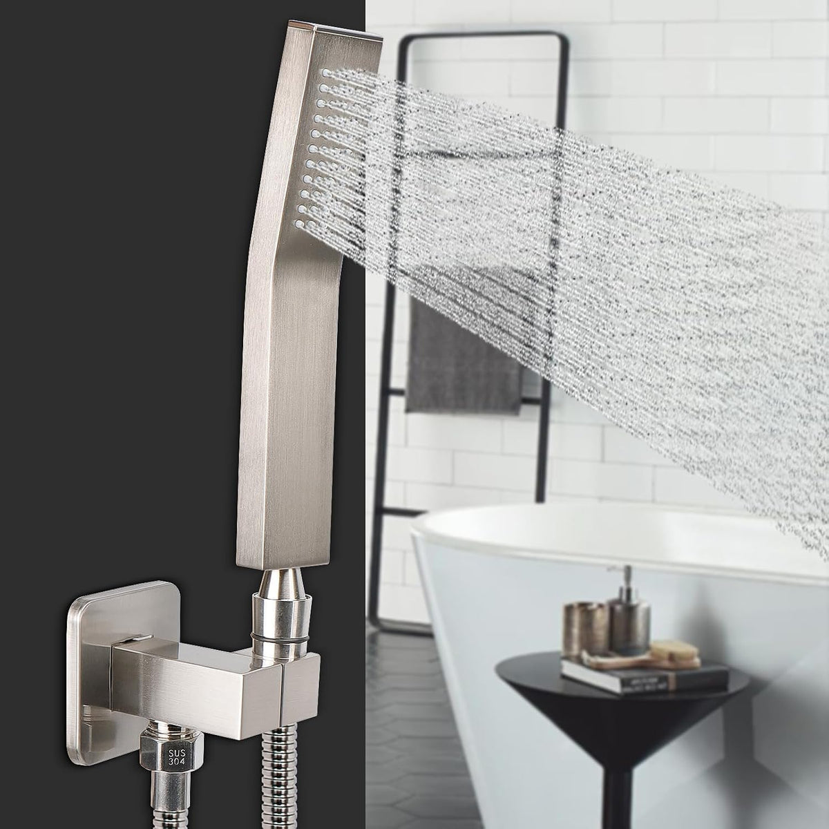 NearMoon Hand Held Shower Head, Luxury High Pressure Shower Kit with Wall Connector and Hose Set, for Bathroom Showering System Contemporary Square Style (Brushed Nickel)