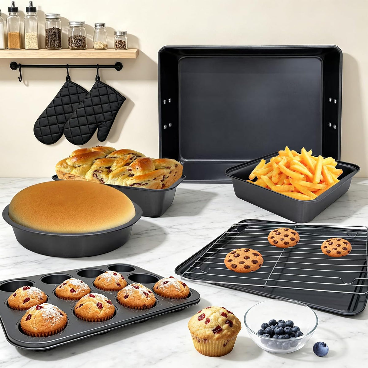 9 PCS Bakeware Sets, Baking Pans for Oven with Wider Grips, Baking Pan Set with Roasting Pan, Baking Pan, Cake Pan, Square Cake Pan, Loaf Pan, 12-Cup Muffin Pan, Cooling Rack and Oven Mitts