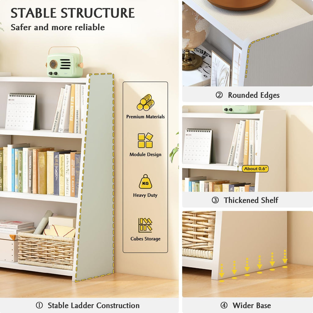 IOTXY Wooden Extendable Shelf Bookcase, 3-Tier Low Bookshelf, Walnut, L