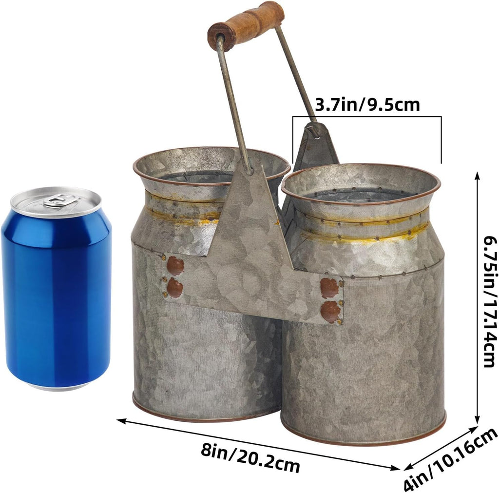 Set of 2 Rustic Galvanized Utensil Holders with Handles, Farmhouse Kitchen Crocks for Spoons, Forks & Knives, Countertop Organizer Buckets for Rustic Farmhouse Decor, 8"x4"x6.75"