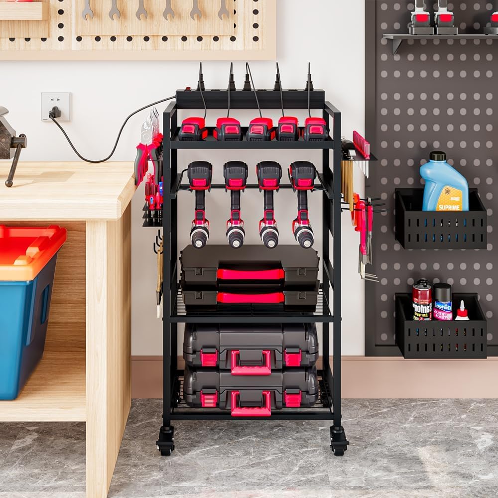 INGIORDAR Power Tool Organizer storage Cart with Charging Station,Black