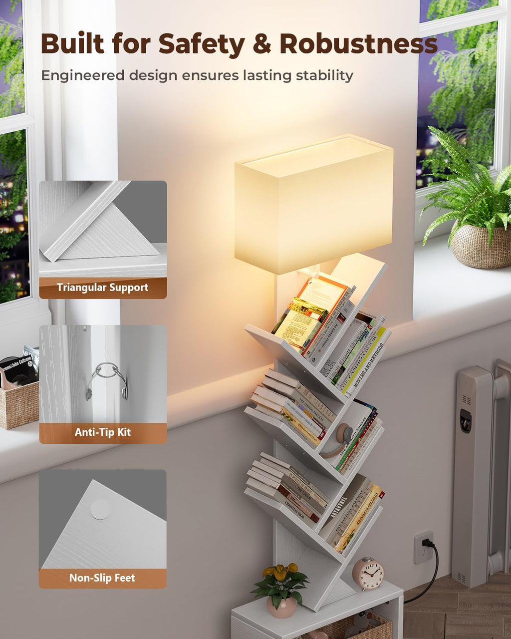 Evermagin 6 Tier Tree Bookshelf with Light, Bookcase, White
