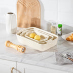 Sweejar Ceramic Baking Dish Set, Cake Baking Dish for Brownie, Porcelain Striped Casserole Dishes for Oven with Handle for Lasagna, Family Dinner(Beige)