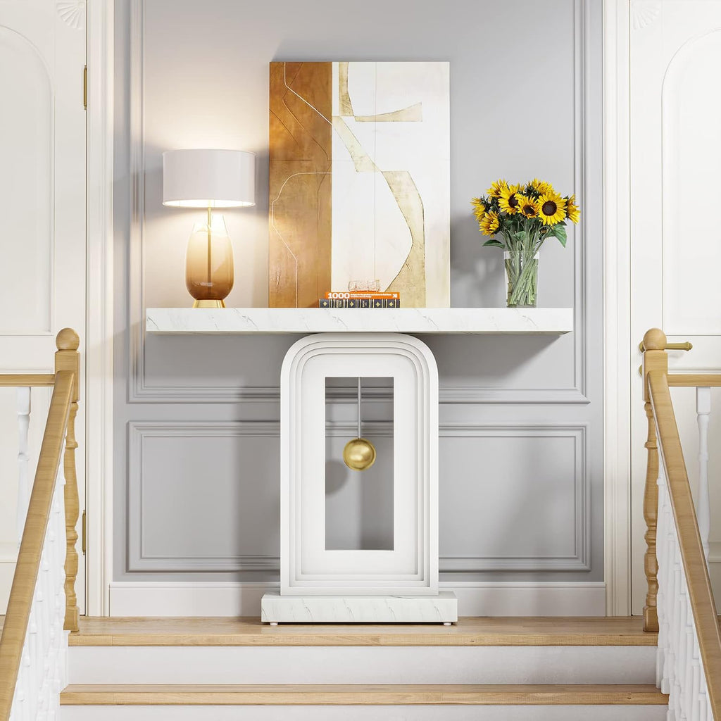 Tribesigns Modern Console Table, 40 Inches Faux Marble Sofa Table, Contemporary Entryway Table with Pendulum Shape Base for Living Room Hallway Entrance, White