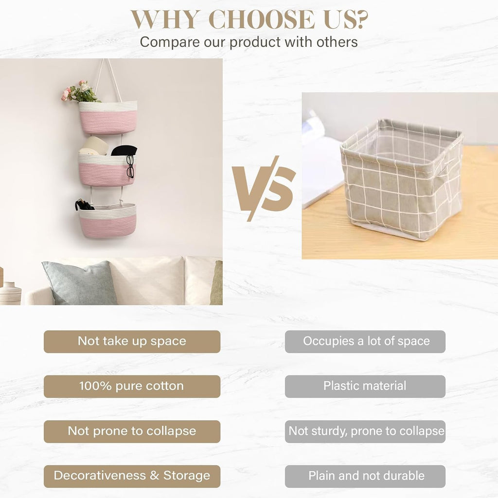 TeoKJ Over the Door Hanging Storage Basket 3 Tier Wall Organizer White&Pink