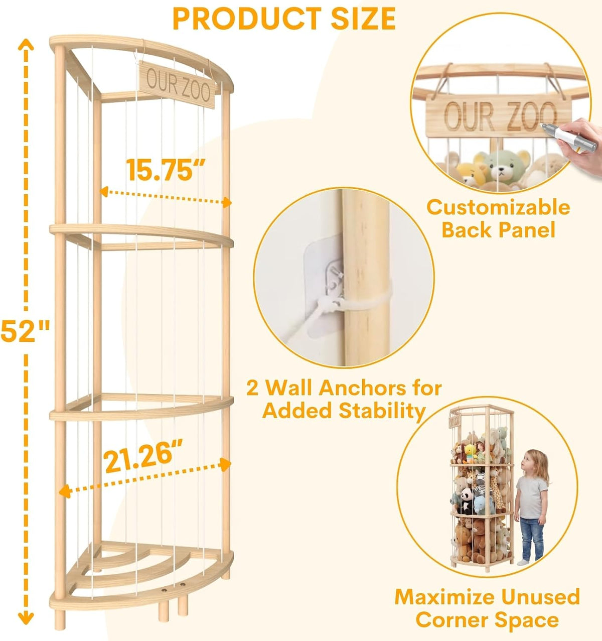 Corner Stuffed Animal Storage, Large Wooden Plush Toy Storage Zoo