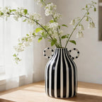 Black and White Striped Ceramic Vase with Double Ring Handles