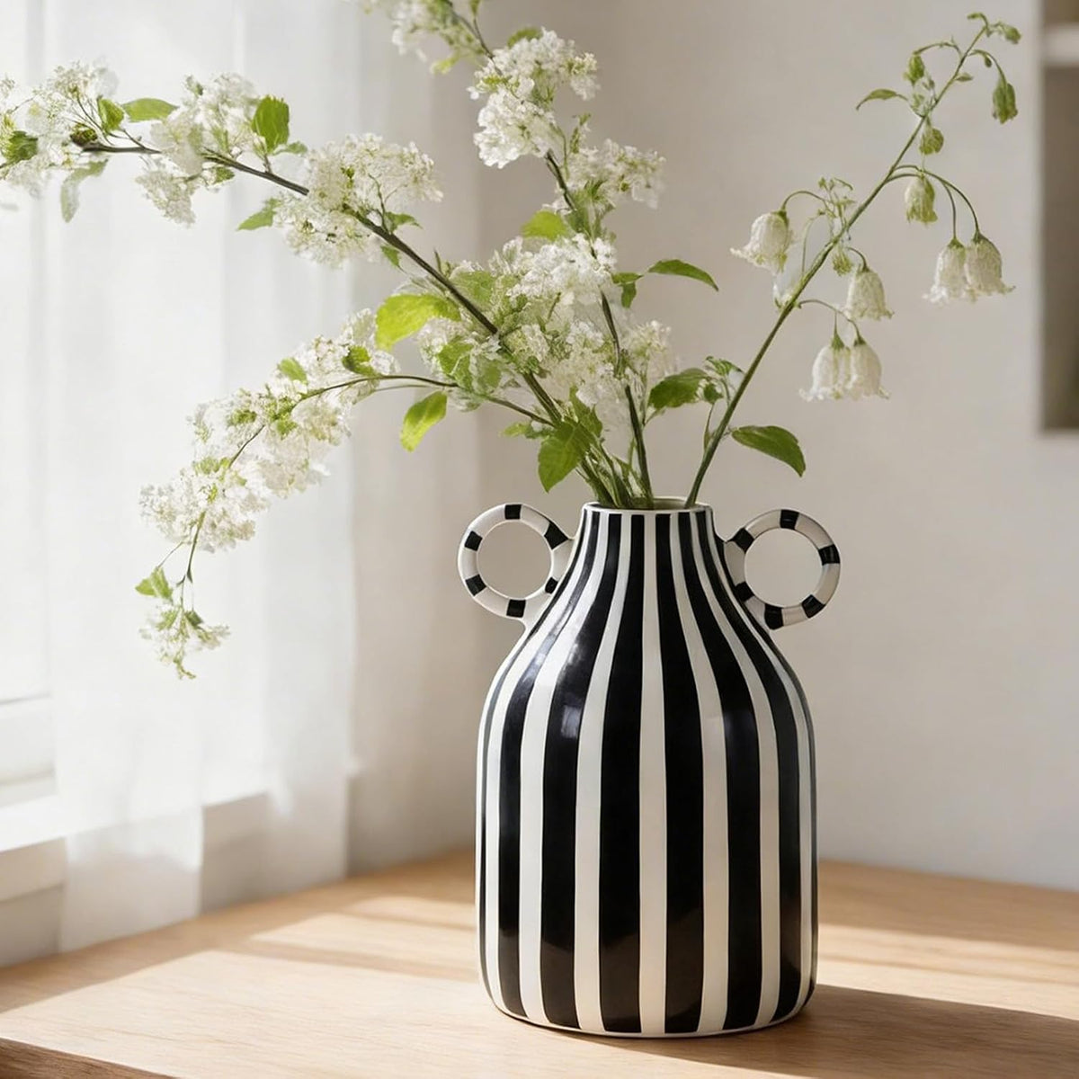 Black and White Striped Ceramic Vase with Double Ring Handles