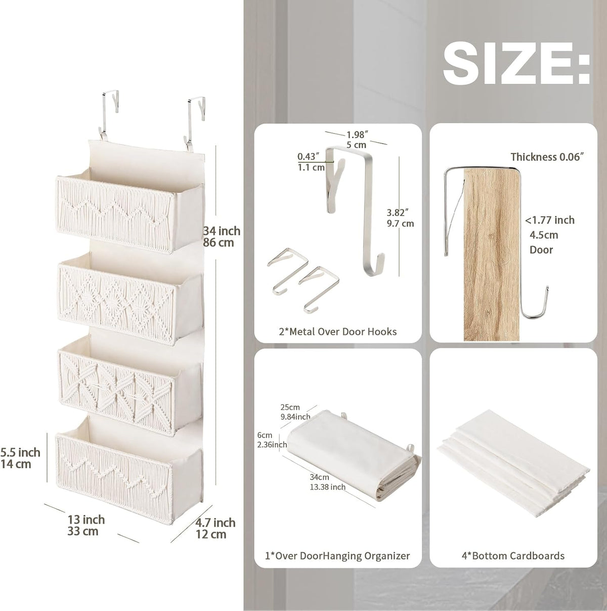 ANTIS'S HOME Nursery Over The Door Organizer Boho Decor Nursery Storage with 4 Large Woven Pockets, Macrame Nursery Organizers and Toys Storage, Behind Door for Bathroom, Bedroom