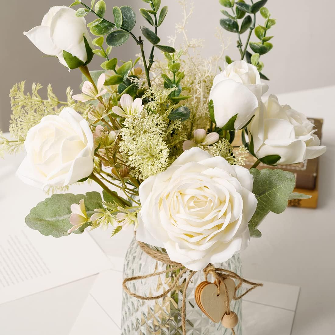 YJ Fake Flowers with Vase, Silk Roses Artificial Flowers in Vase, Faux Flower Plant Arrangement Suitable for Home Office Decoration, Dining Table Centerpiece(White)