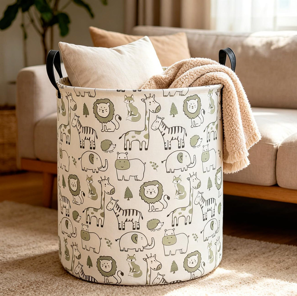 CLOCOR Laundry Basket,Collapsible Storage Baskets,Room Decor,Gift Basket（Green Animals