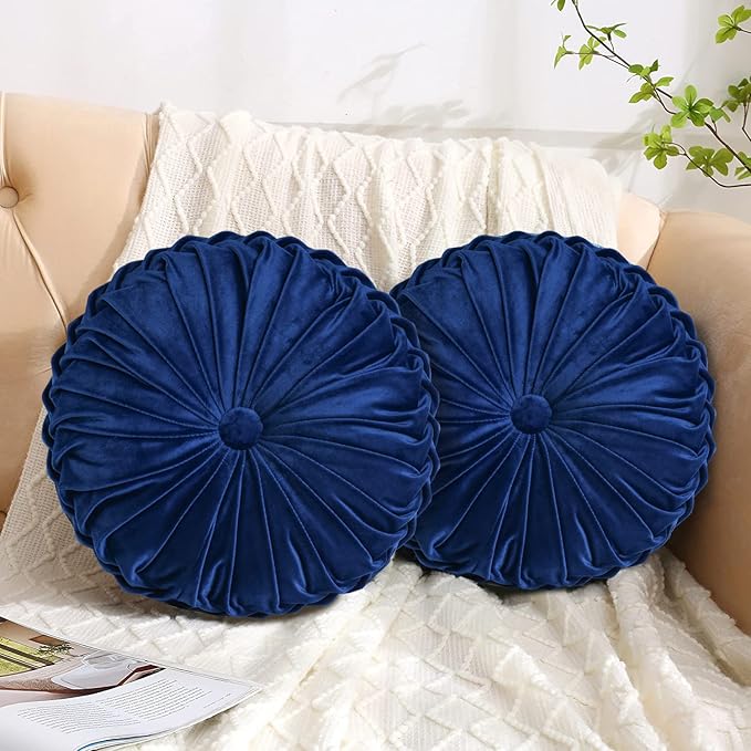 HIG Set of 2 Decorative Round Pleated Throw Pillows, Classy Accent Pumpkin - Image 2
