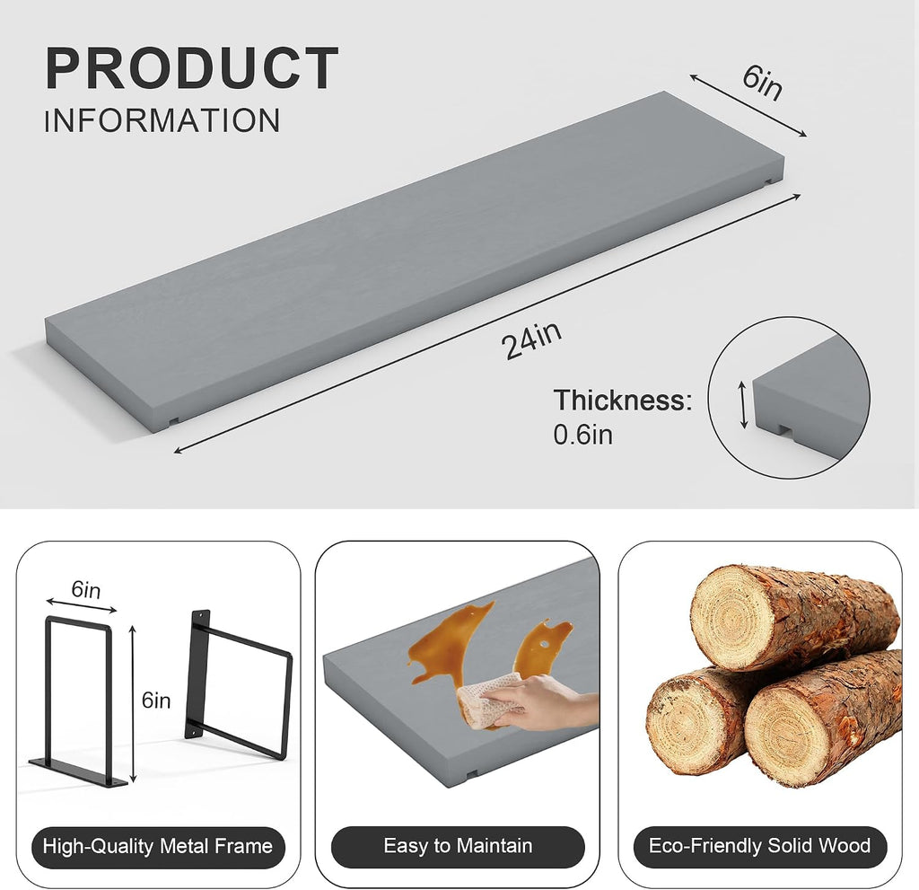 Floating Shelves, 24 In Bookshelves for Room Wall, Shelves on Wall (Grey)