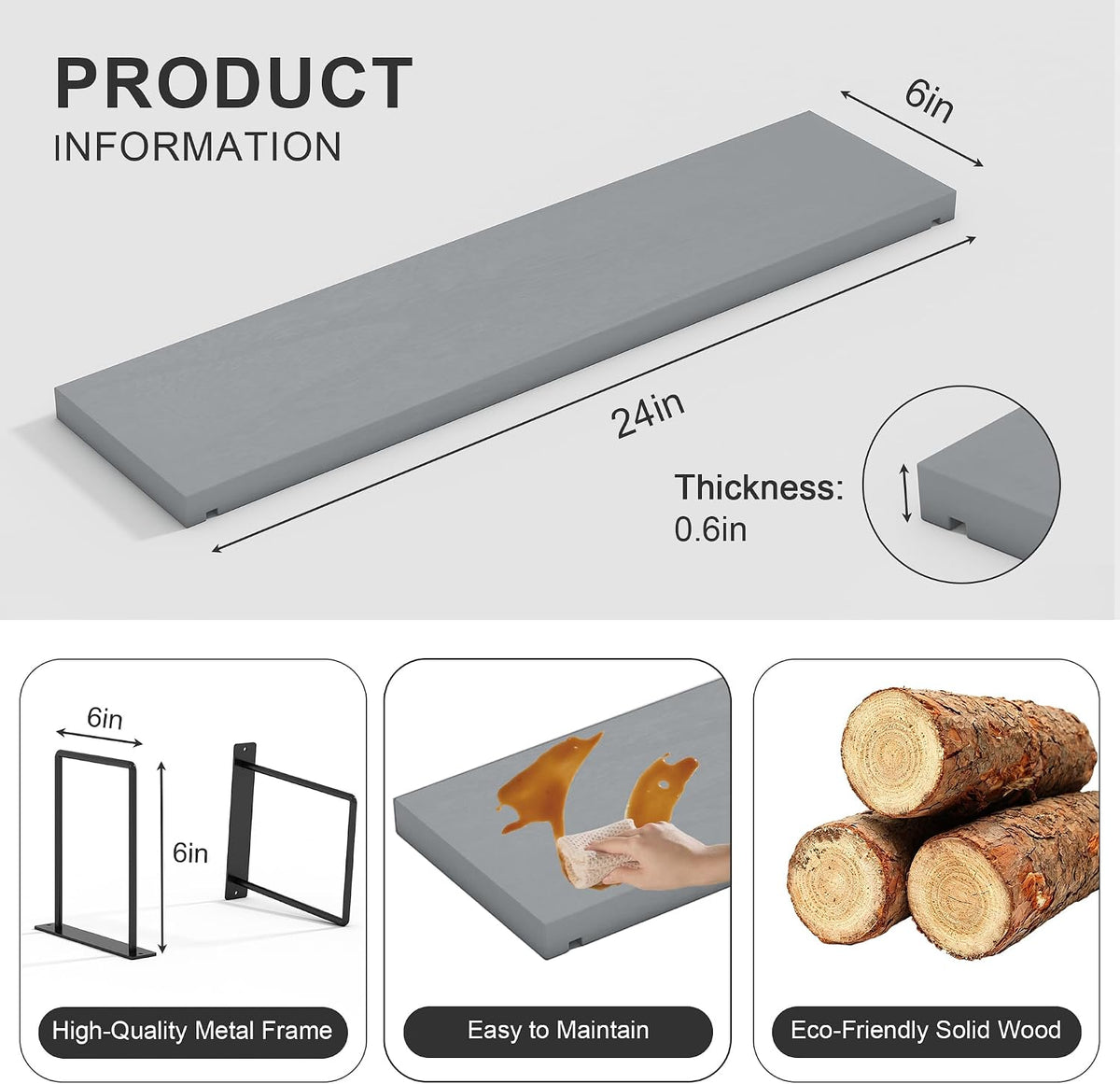 Floating Shelves, 24 In Bookshelves for Room Wall, Shelves on Wall (Grey)
