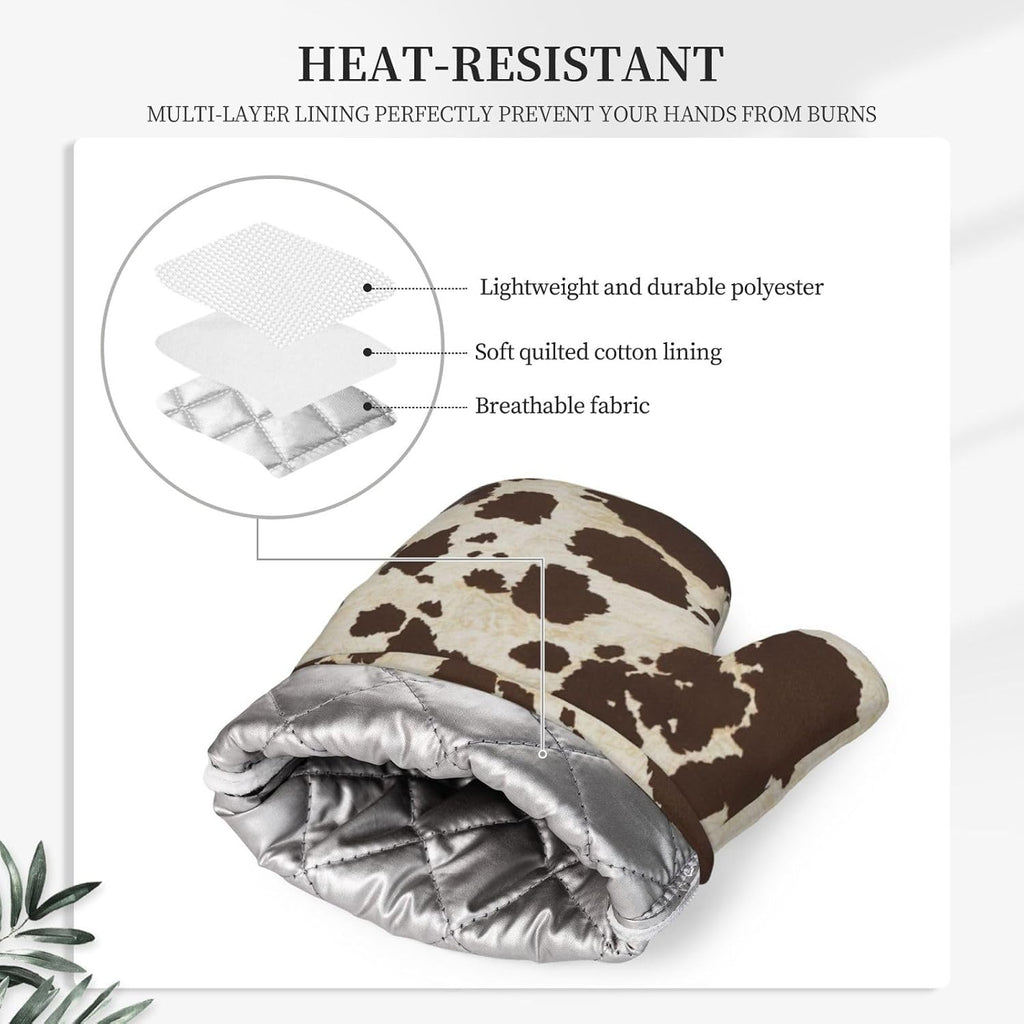 Brown Cowhide Oven Mitts and Pot Holders Sets Silicone Brown Cow Print Kitchen Mitts Cowhide Skin Pattern Potholders Heat Resistant 4Pcs Oven Gloves Hot Pads for Kitchen Baking Cooking
