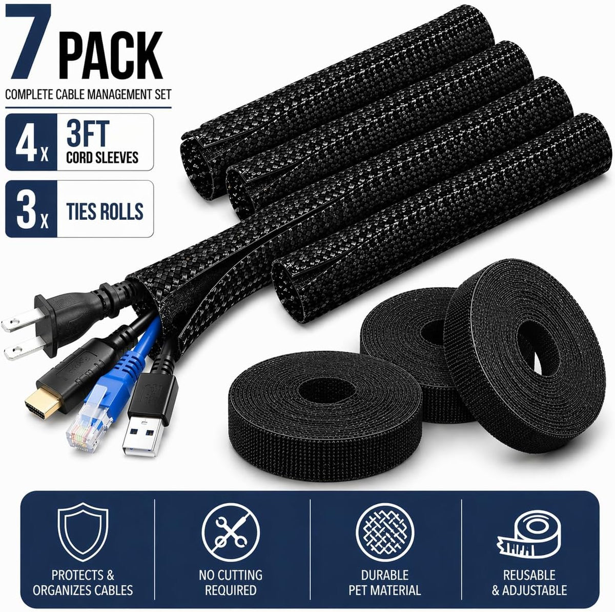 Cable Management Kit – 4 Pack 3FT Cord Sleeves + 3 Roll Reusable Cable Ties, Wire Organizer Wrap for TV, Desk, Computer, Home & Office, Black