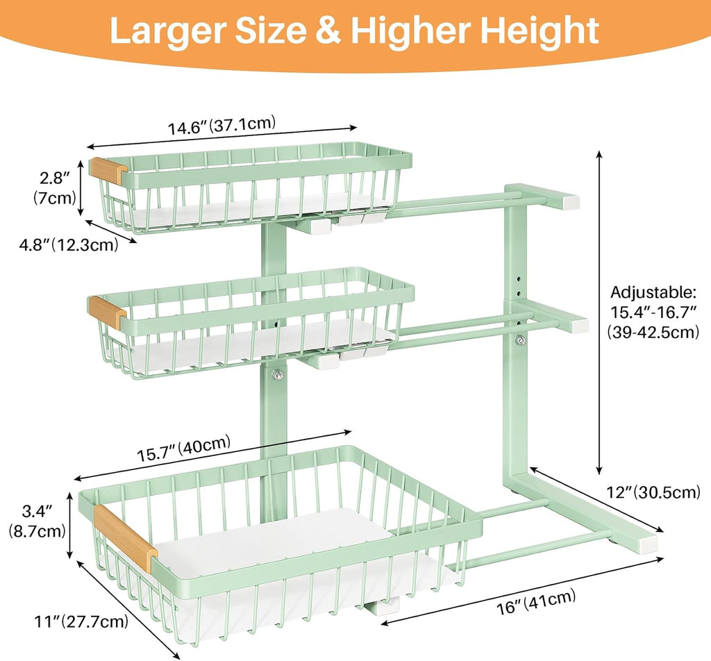 PXRACK Under Sink Organizer, 1-Pack 3-Tier Height Adjustable Thickened Metal Pull out Cabinet Organizer Shelf, Slide out Storage Drawer Rack for Bathroom Kitchen Pantry Home Organization, Green