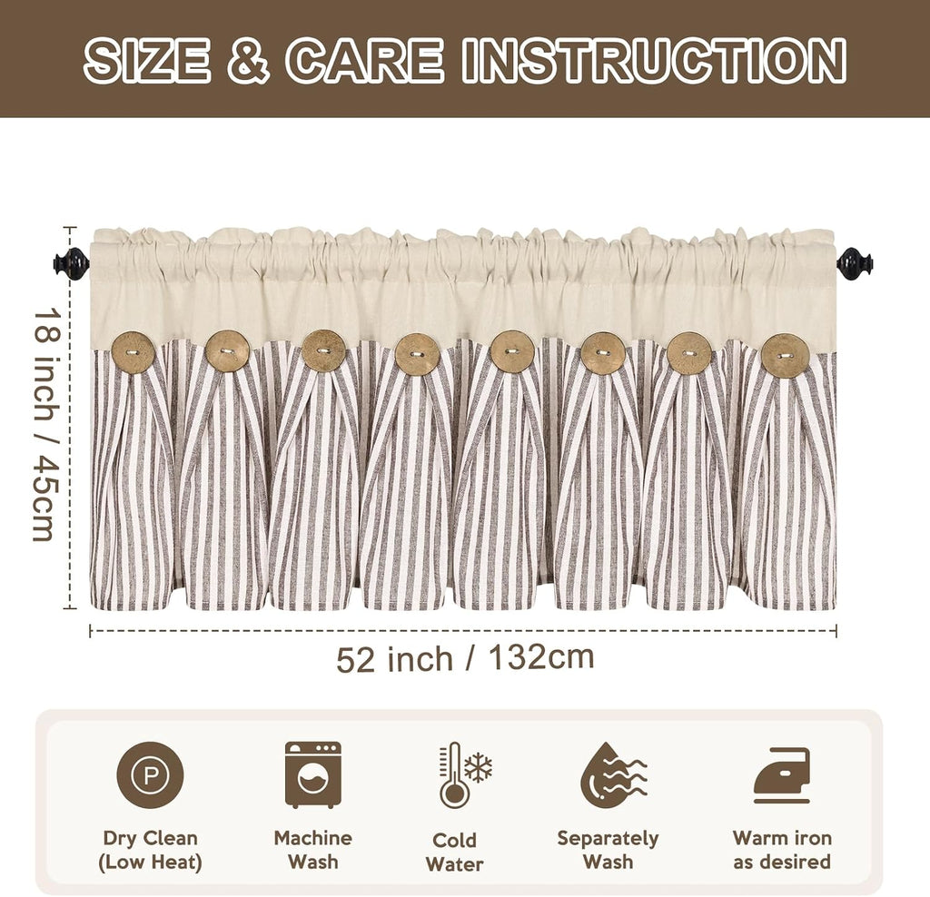 ASPMIZ Farmhouse Valances for Windows, Boho Kitchen Valances Curtains with Rustic Buttons, Brown Striped Window Valance for Living Room, Cotton Linen Valance for Bathroom, 52 x 18 Inches