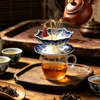 Blue and White Porcelain Umbrella Tea Infuser, Rotating Ceramic Loose Leaf Tea Strainer Filter with Base, Fine Mesh Tea Filter for Home Tea & Coffee Brewing, Unique Decorative Tea Gift (Blue)