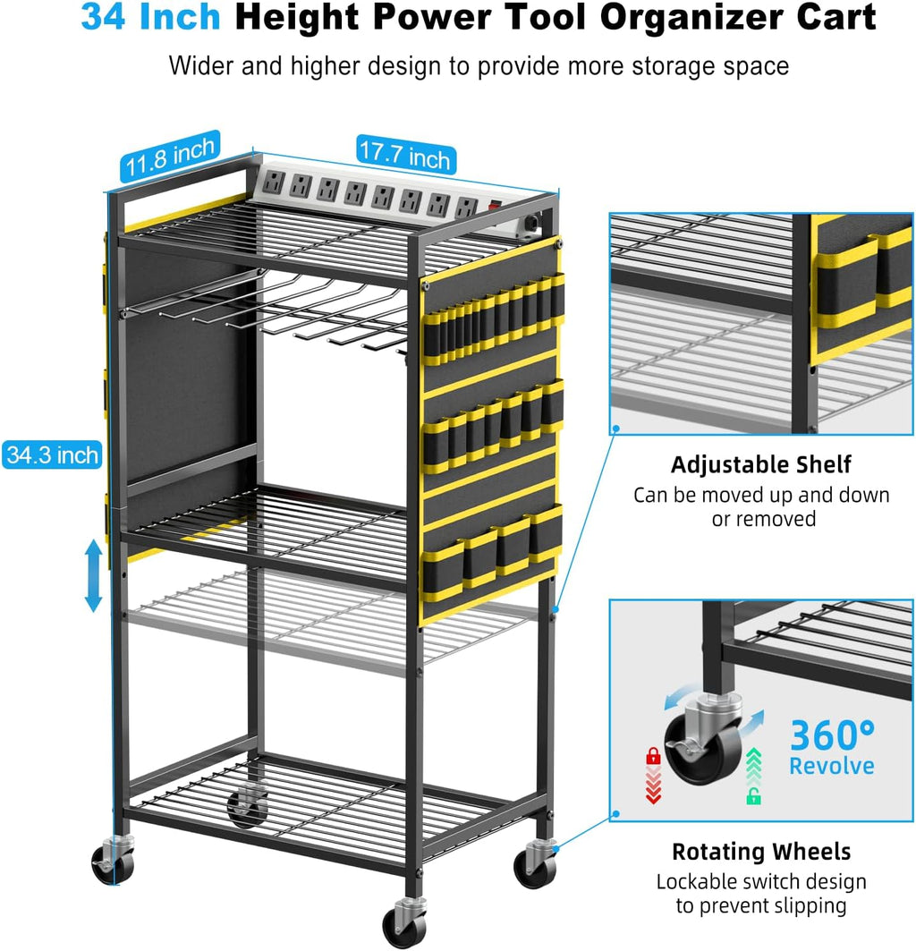 Power Tool Organizer Cart with Charging Station, 6 FT Cord, Yellow